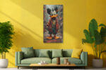 Cartoon duck in crimson jacket and teal trousers on a city street, bold pop art digital canvas for living room or home office