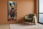 Cartoon duck in crimson jacket and teal trousers on a city street, bold pop art digital canvas for living room or home office