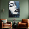 Female portrait in off-white and steel blue, impasto oil painting style wall art canvas for living room or bedroom