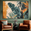 Banana leaves and bird of paradise bloom in dark teal and amber, botanical mixed-media wall art canvas for living room