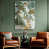 Translucent jade mountains with gold kintsugi veining and pine trees, serene digital art canvas for bedroom
