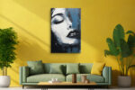 Female portrait in off-white and steel blue, impasto oil painting style wall art canvas for living room or bedroom
