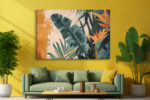 Banana leaves and bird of paradise bloom in dark teal and amber, botanical mixed-media wall art canvas for living room