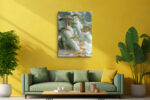 Translucent jade mountains with gold kintsugi veining and pine trees, serene digital art canvas for bedroom