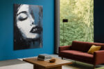 Female portrait in off-white and steel blue, impasto oil painting style wall art canvas for living room or bedroom