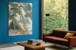 Translucent jade mountains with gold kintsugi veining and pine trees, serene digital art canvas for bedroom
