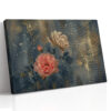 Pink and cream roses with gold speckles on dark slate background, botanical mixed-media canvas art for bedroom