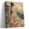 Woman in embroidered hanfu under a full moon with pagoda and blossoms, romantic mixed-media portrait canvas wall art