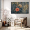 Pink and cream roses with gold speckles on dark slate background, botanical mixed-media canvas art for bedroom