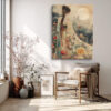 Woman in embroidered hanfu under a full moon with pagoda and blossoms, romantic mixed-media portrait canvas wall art