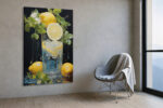 Lemon and ice glass tumbler still life in vivid yellow and green acrylic, high-contrast wall art for kitchen or dining room