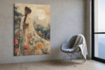 Woman in embroidered hanfu under a full moon with pagoda and blossoms, romantic mixed-media portrait canvas wall art