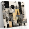 Geometric collage panels in near-black, cream and warm gold ochre, mixed-media abstract canvas wall art for living room
