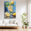 Lemon slices and ice in a glass tumbler with water splashes, bold cobalt blue and yellow digital art canvas for kitchen