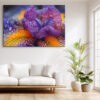 Macro iris petals in deep violet-purple and golden yellow with water droplets, bold botanical canvas for living room
