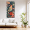 Photorealistic finch with red poppies and pink roses in dark teal, botanical mixed-media portrait canvas wall art