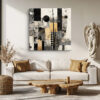 Geometric collage panels in near-black, cream and warm gold ochre, mixed-media abstract canvas wall art for living room