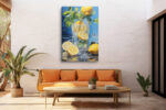 Lemon slices and ice in a glass tumbler with water splashes, bold cobalt blue and yellow digital art canvas for kitchen