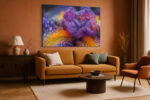 Macro iris petals in deep violet-purple and golden yellow with water droplets, bold botanical canvas for living room