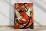 Two red-crowned cranes in flight, vivid red-orange geometric background, bold contemporary canvas wall art for living room