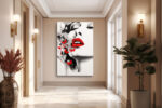 Close-cropped woman's face with vivid red lips and butterflies, monochrome mixed-media portrait canvas wall art