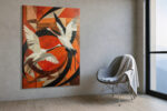 Two red-crowned cranes in flight, vivid red-orange geometric background, bold contemporary canvas wall art for living room