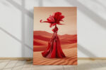 Robotic humanoid with flower head in vivid crimson red, surrealist desert digital art canvas for living room