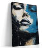 Female portrait split in cerulean blue and cream, dramatic paint drips, expressive acrylic canvas art for living room