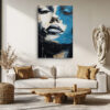 Female portrait split in cerulean blue and cream, dramatic paint drips, expressive acrylic canvas art for living room