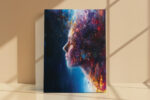 Female profile portrait dissolving into bold crimson, cobalt and violet abstract paint strokes, dramatic dark canvas wall art