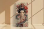 East Asian empress with dragon headdress and red peonies, crimson and charcoal digital art portrait canvas print