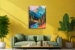 Mountain valley with wildflowers and winding river in teal, orange and violet, bold acrylic wall art canvas for living room