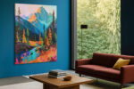 Mountain valley with wildflowers and winding river in teal, orange and violet, bold acrylic wall art canvas for living room