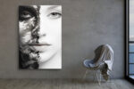 Split female portrait in black and white, cracked paint meets smooth skin, dramatic digital art canvas for a living room