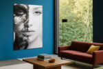 Split female portrait in black and white, cracked paint meets smooth skin, dramatic digital art canvas for a living room
