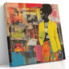 Woman in yellow blazer, mixed-media collage portrait with vivid orange, pink and blue, contemporary wall art canvas