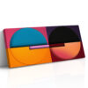 Two bisected circles on a color-block background in vivid orange, teal and deep purple u2014 bold geometric abstract wall art