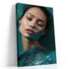 Close-up woman's face with teal sculptural material, deep teal and peach digital art portrait canvas for bedroom