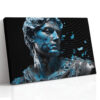 Fragmenting Greco-Roman bust in cerulean blue and black, dramatic digital art canvas for living room or home office
