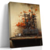 Antique industrial machine with vivid orange flowers and bare branches, warm earthy tones, eclectic wall art canvas print