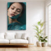 Close-up woman's face with teal sculptural material, deep teal and peach digital art portrait canvas for bedroom