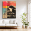 Silkscreen coffee cup over pop art color-block collage in coral red, sky blue and amber, bold mixed-media canvas