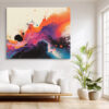 Fluid abstract pour painting in orange-red, magenta and deep purple, bold contemporary canvas for living room