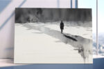 Lone silhouetted figure with long shadow in monochrome watercolor, moody minimalist canvas art for bedroom or home office