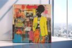 Woman in yellow blazer, mixed-media collage portrait with vivid orange, pink and blue, contemporary wall art canvas