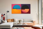 Two bisected circles on a color-block background in vivid orange, teal and deep purple u2014 bold geometric abstract wall art