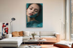 Close-up woman's face with teal sculptural material, deep teal and peach digital art portrait canvas for bedroom