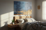 Abstract navy and gold leaf texture with horizontal brushstroke bands, bold mixed-media canvas wall art for living room
