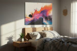 Fluid abstract pour painting in orange-red, magenta and deep purple, bold contemporary canvas for living room