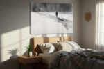 Lone silhouetted figure with long shadow in monochrome watercolor, moody minimalist canvas art for bedroom or home office